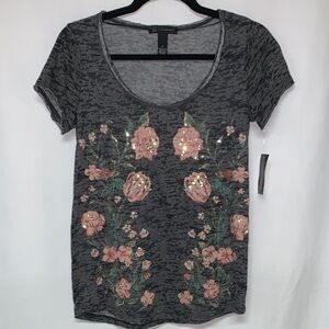 INC International Concepts Sequin Floral Gray Tee
